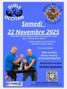 Tournoi Duels Occitan 2025 à Montbartier – bras de fer sportif organisé par le club Bras de Fer Occitan sous l’égide de la FFForce.