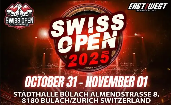 Affiche du Swiss OPEN 2025 – bras de fer sportif (armwrestling), dates 31 octobre – 1er novembre.